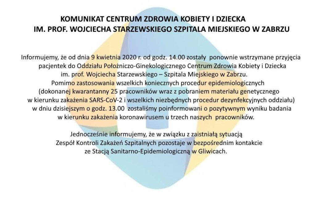 Komunikat Centrum Zdrowia Kobiety i Dziecka im. Prof. Wojciecha Starzewskiego–Szpitala Miejskiego w Zabrzu